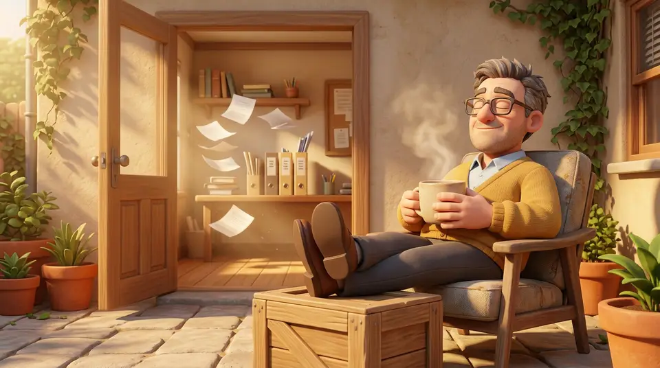 The same owner in the mustard cardigan, feet up with a coffee, while papers file themselves.