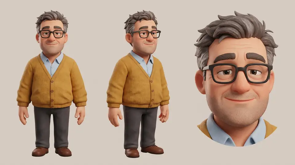 Character sheet of the Keiracom owner in a mustard cardigan, drawn from the front, side and back.