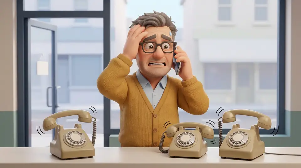 The owner overwhelmed as several phones ring with new enquiries at once.